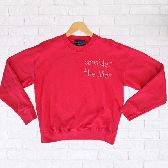 LINGUA FRANCA Women's Embroidered Sweatshirt Red "Consider the Lilies" - Picture 6 of 9